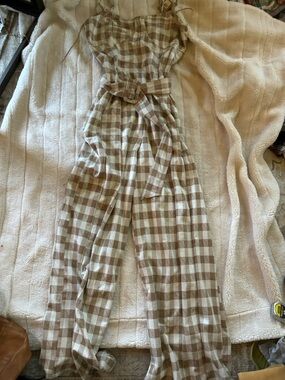 Anthropologie En Saison Beige & White Gingham Strap Jumpsuit with Waist Tie